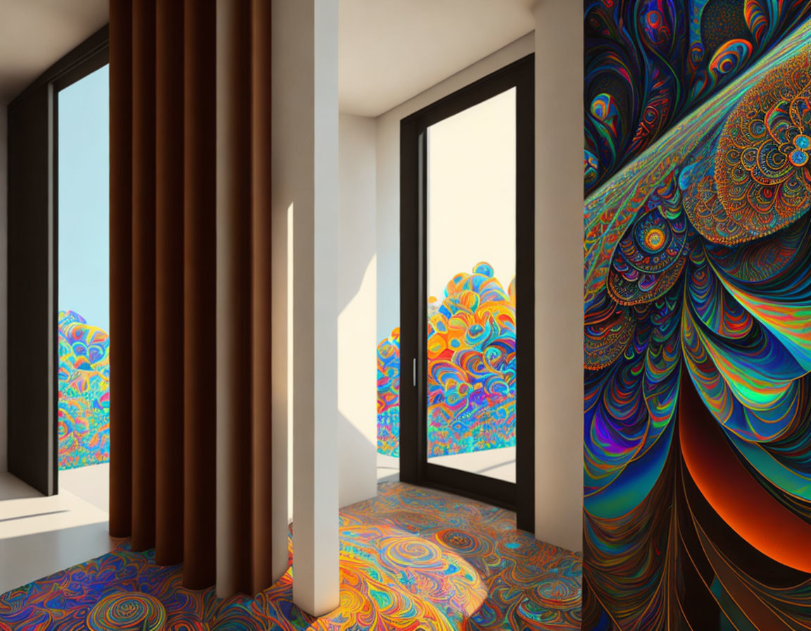 Contemporary Room with Large Windows and Fractal Art Décor