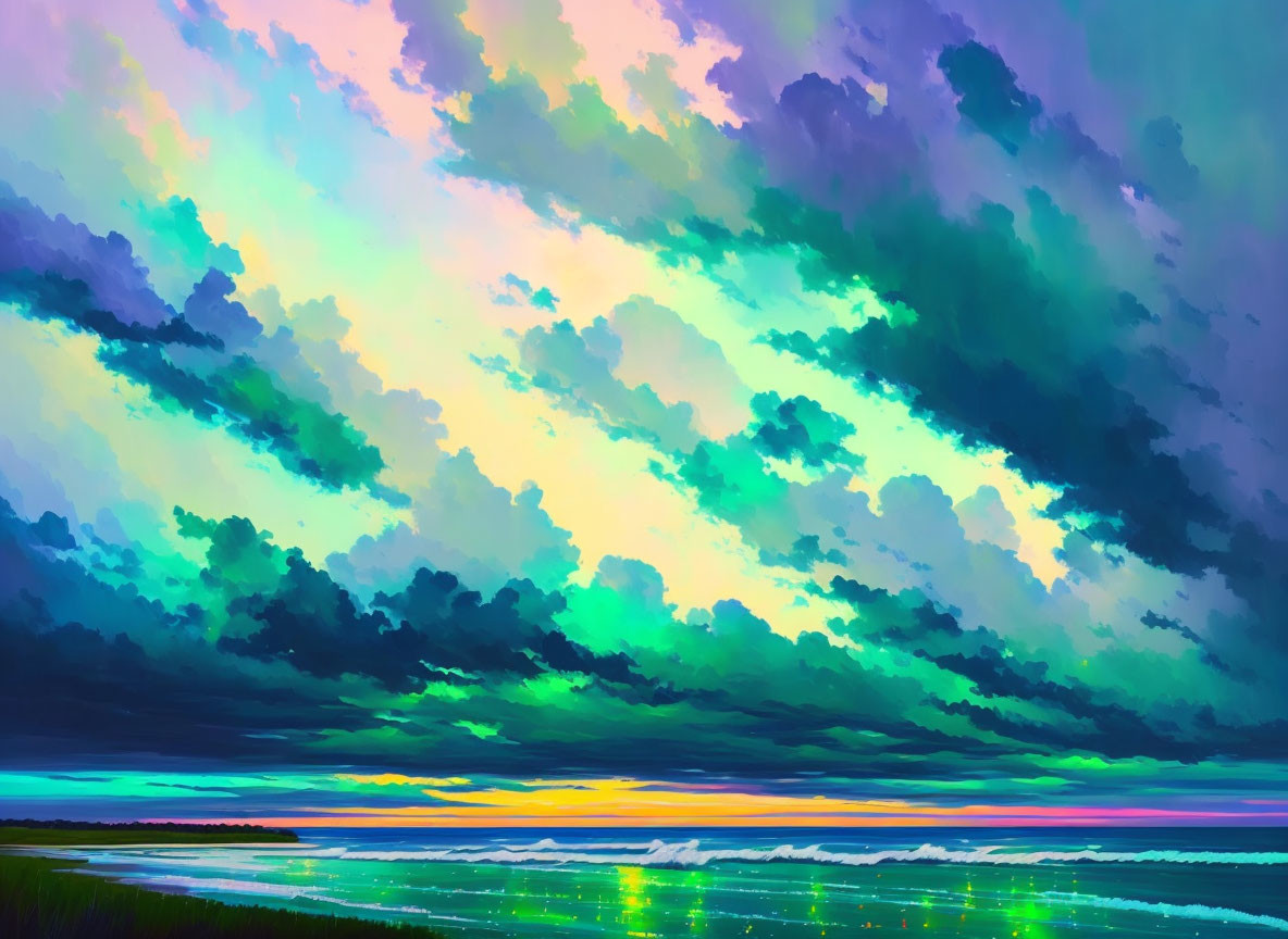 Colorful Painting: Dramatic Sky & Sparkling Sea at Dusk