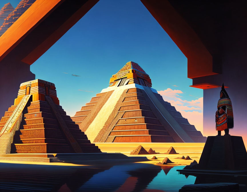 Colorful digital artwork of ancient Egyptian scene with pyramids, pharaoh statue, and blue skies.