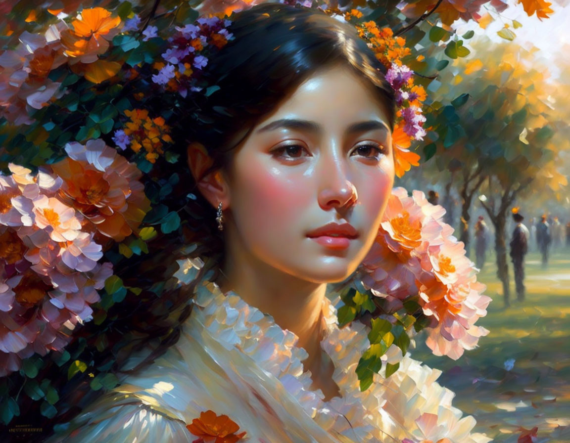 Woman in serene expression among vibrant flowers in sunlit garden