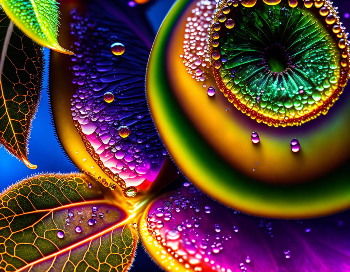 Colorful leaves and water droplets in vibrant, abstract composition