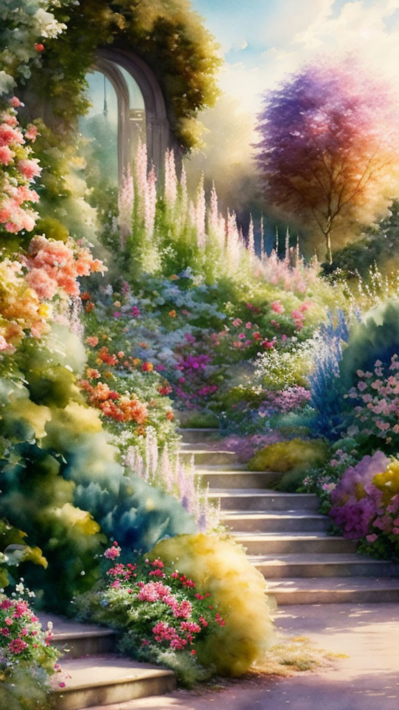 Stone Staircase Surrounded by Blooming Flowers and Archway in Sunlight