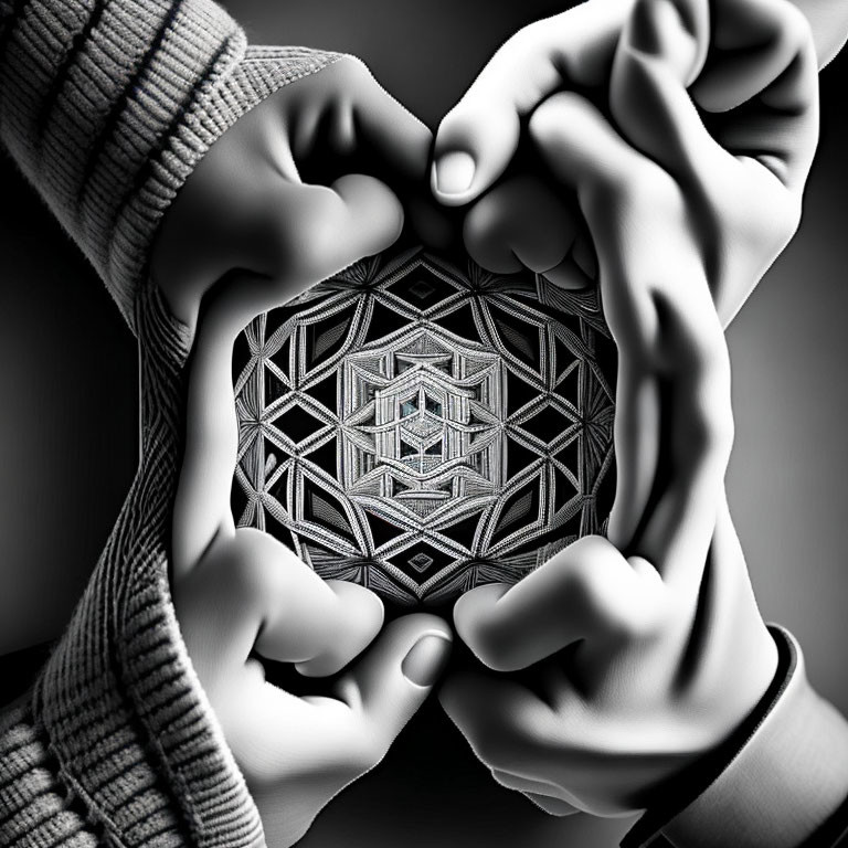 Hands forming heart shape around mandala pattern in black and white.