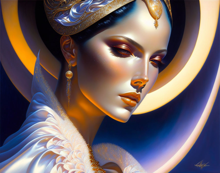 Woman with Rich Makeup and Elaborate Headdress Amid Glowing Golden Circles