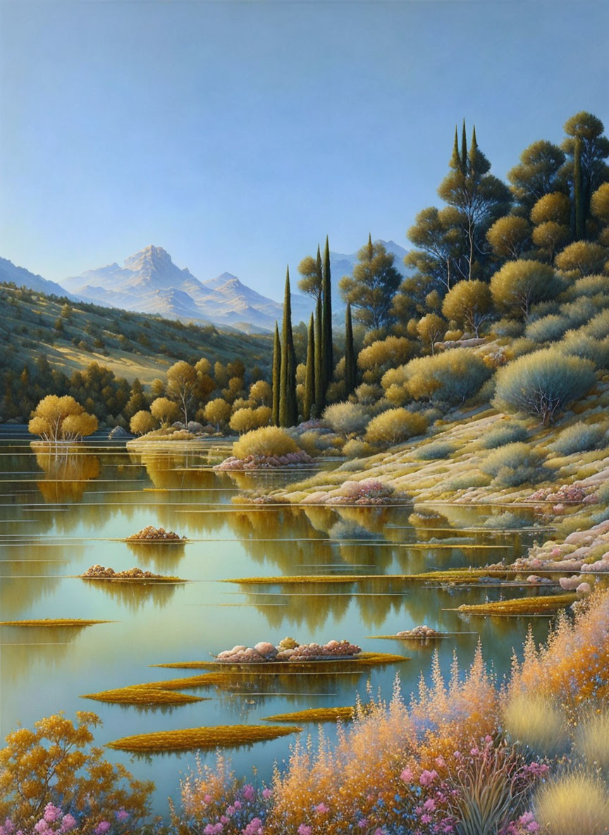 Autumn landscape painting with reflective lake and distant mountains