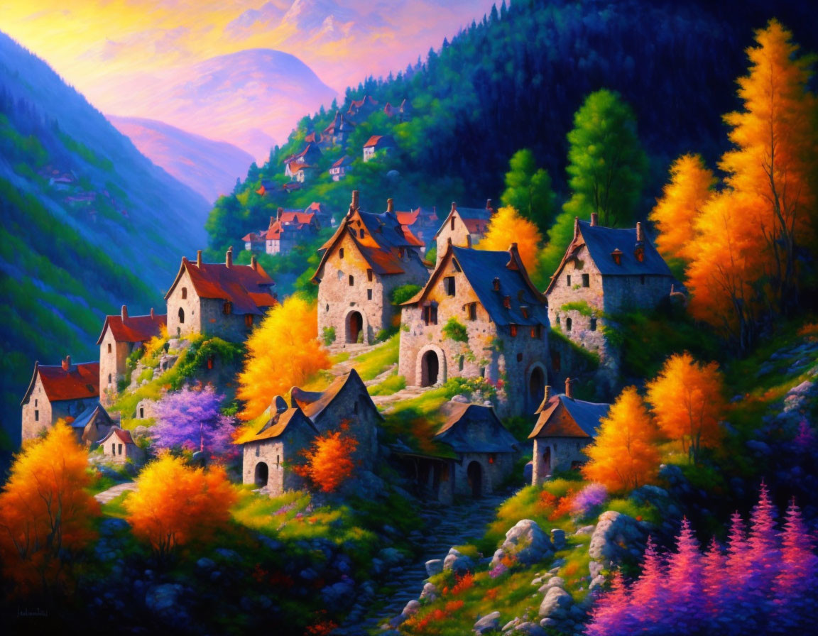 Scenic autumn village with stone houses and rolling hills