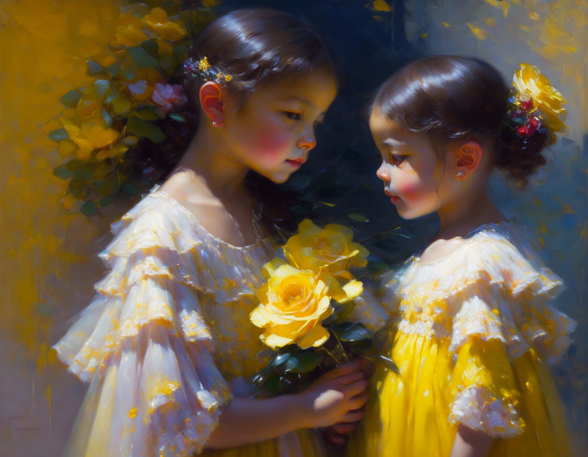 Two Girls in Yellow Dresses Holding Yellow Rose