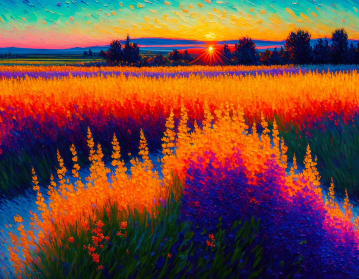 Impressionistic sunset painting over floral field in vibrant colors