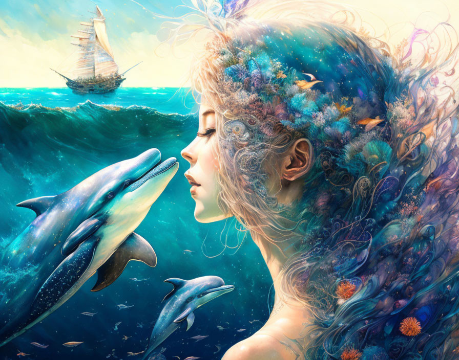 Fantastical artwork of woman with vibrant, sea-life hair interacting with dolphins