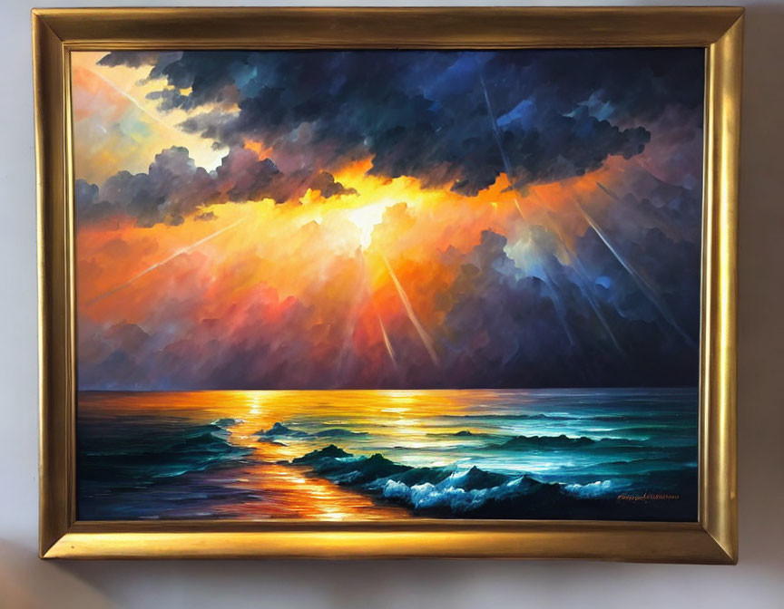 Vibrant sunset painting with dramatic clouds and sun rays over ocean