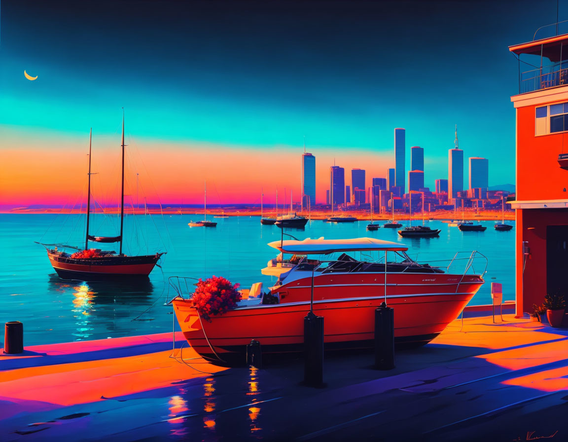 Colorful digital artwork of harbor at sunset with boats, city skyline, vivid sky, crescent moon