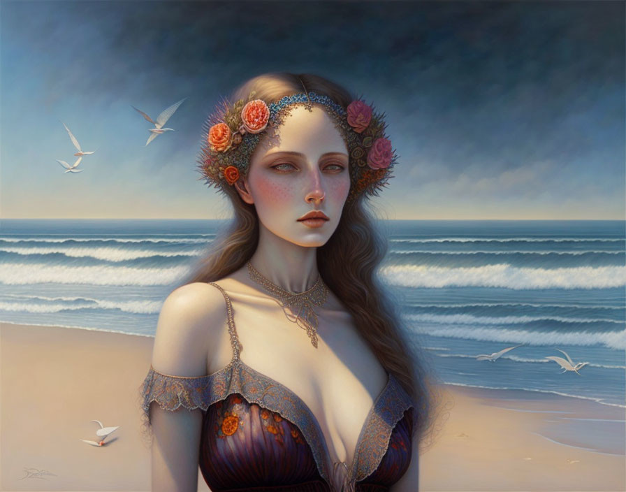 Surreal portrait of woman with floral headpiece at serene beach