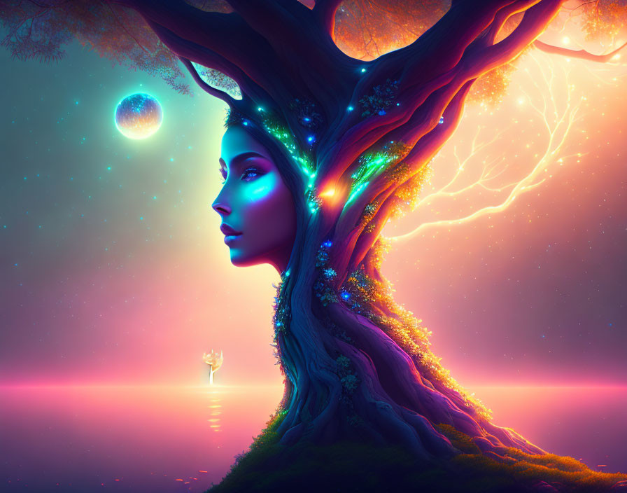 Digital artwork: Female face in tree with glowing foliage on otherworldly landscape