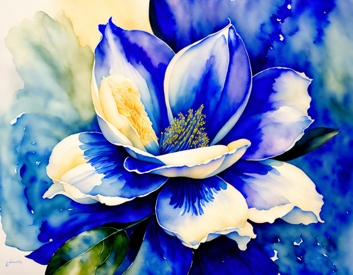 Blue and White Flower Watercolor Painting on Gradient Background