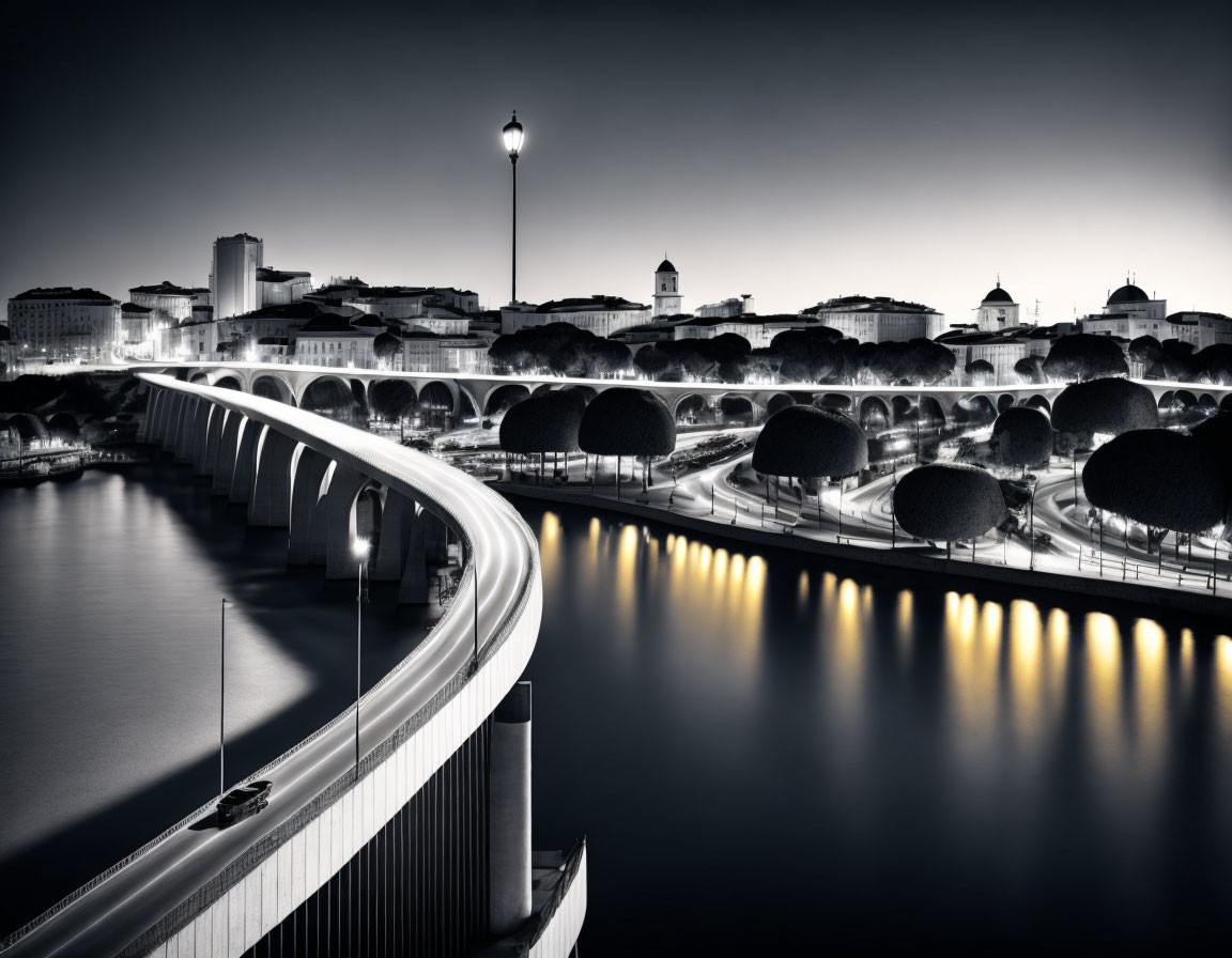 Monochrome cityscape with curved bridge, river, streetlights, treetops & buildings