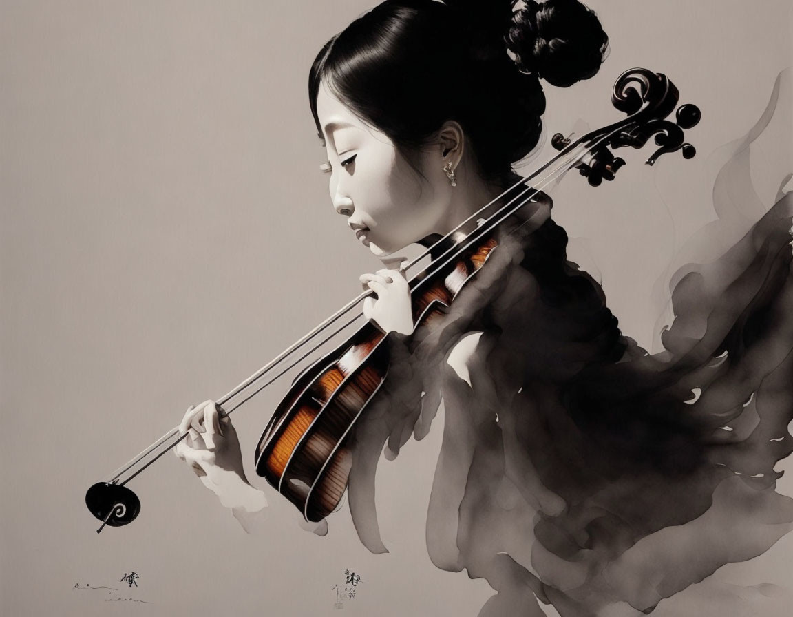 Asian woman playing violin in serene illustration.