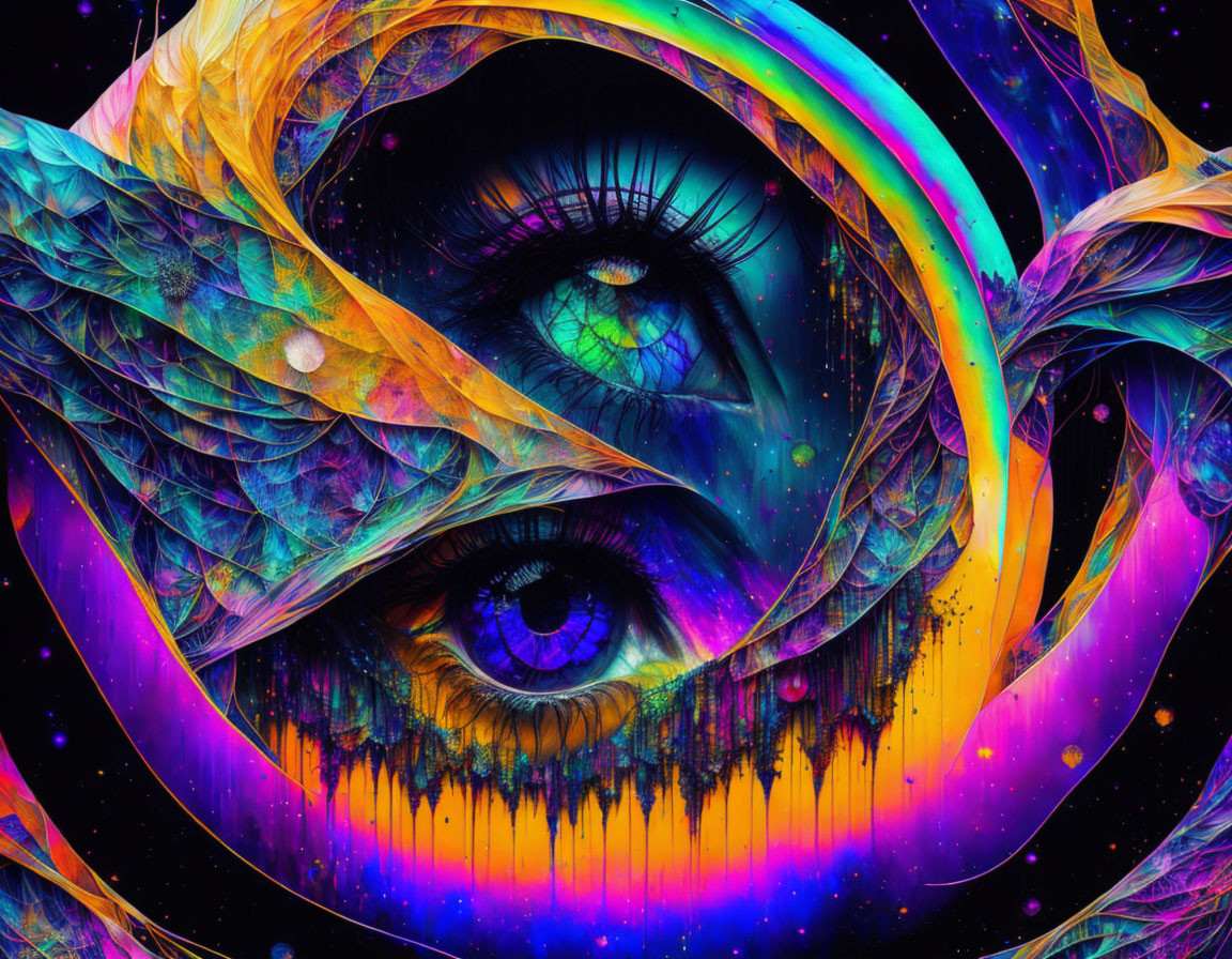 Colorful digital eye art with cosmic and neon elements