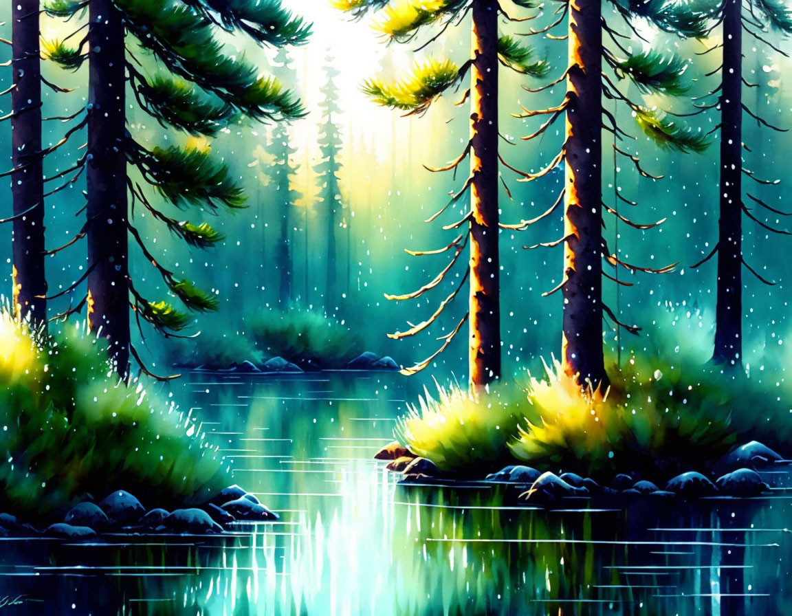 Tranquil forest landscape with tall pines, lake reflection, mist, and fireflies