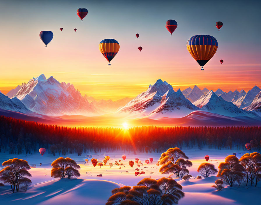 Snowy landscape with hot air balloons at sunrise