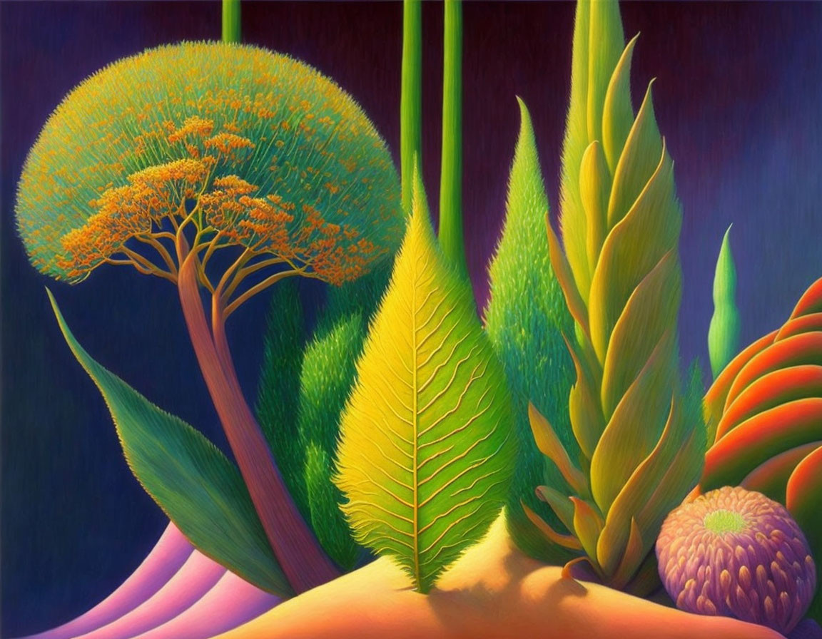 Surreal oversized plants in vibrant purple landscape