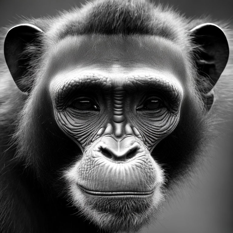 Detailed Monochrome Chimpanzee Face Study: Thoughtful Expression