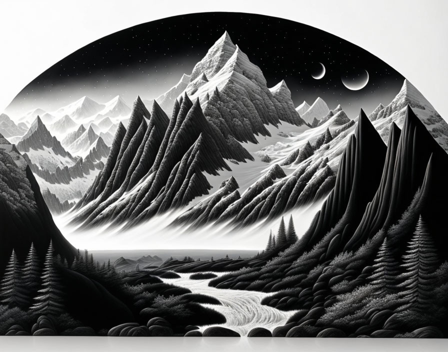 Monochromatic landscape: Mountain range, river, forest, starry sky