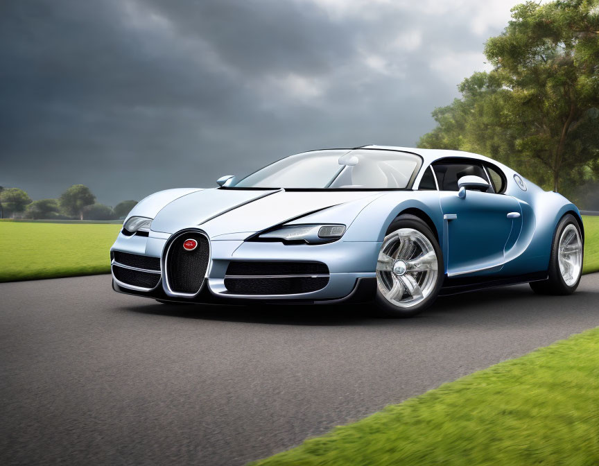 Blue and Silver Bugatti Veyron Supercar on Asphalt Road with Stormy Sky