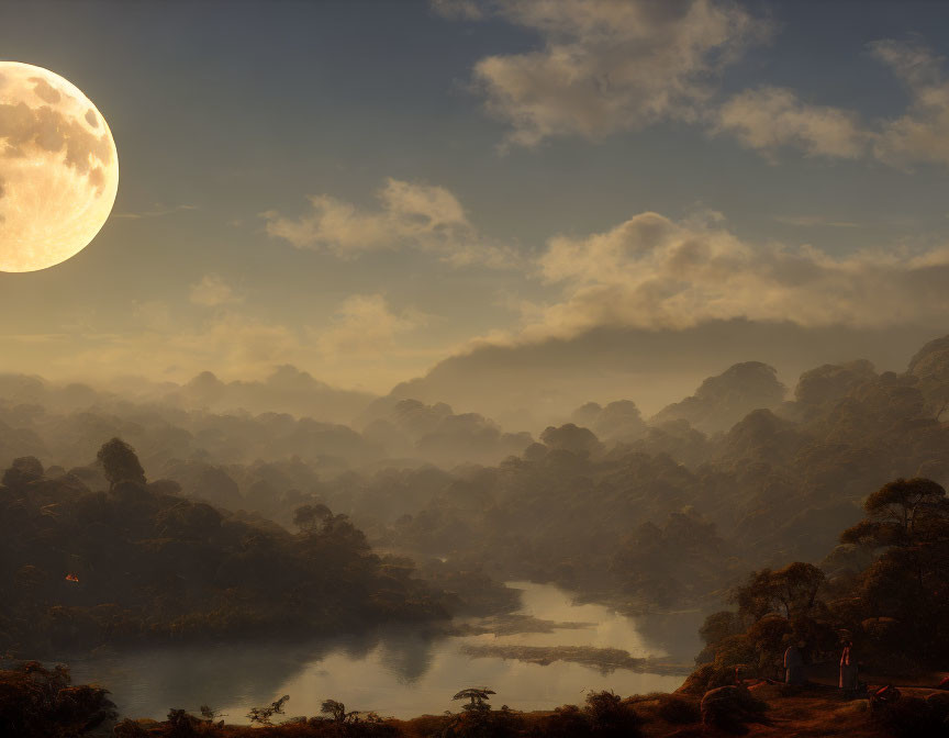 Full Moon Twilight Scene Over Misty Forest and River