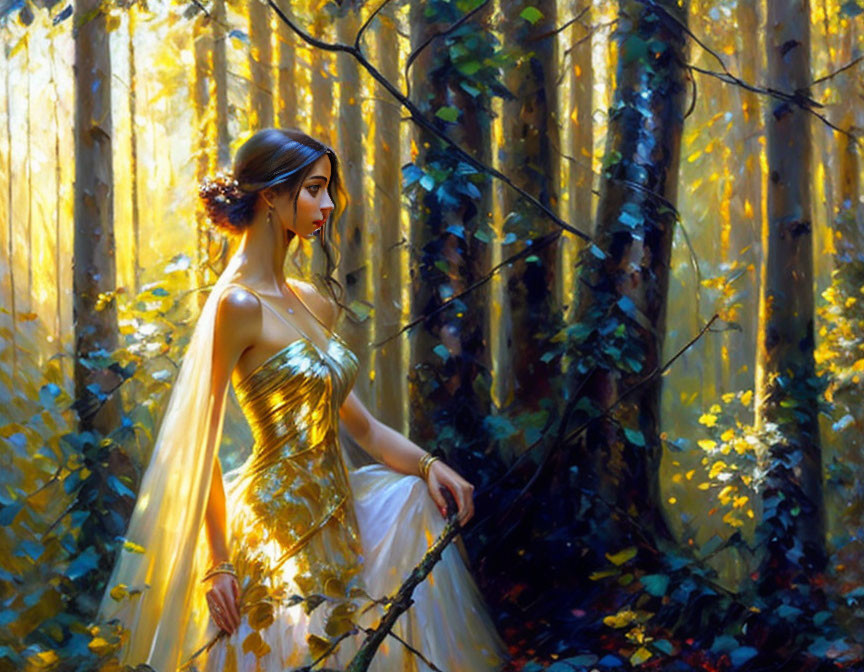 Golden dress woman poses in sunlit forest with dappled light.