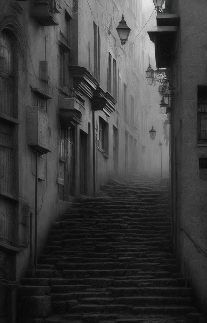 Monochromatic misty street with vintage lamps