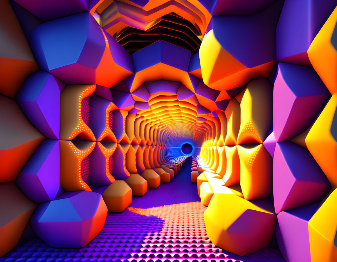 Colorful 3D tunnel with neon hexagonal patterns and bright circular opening