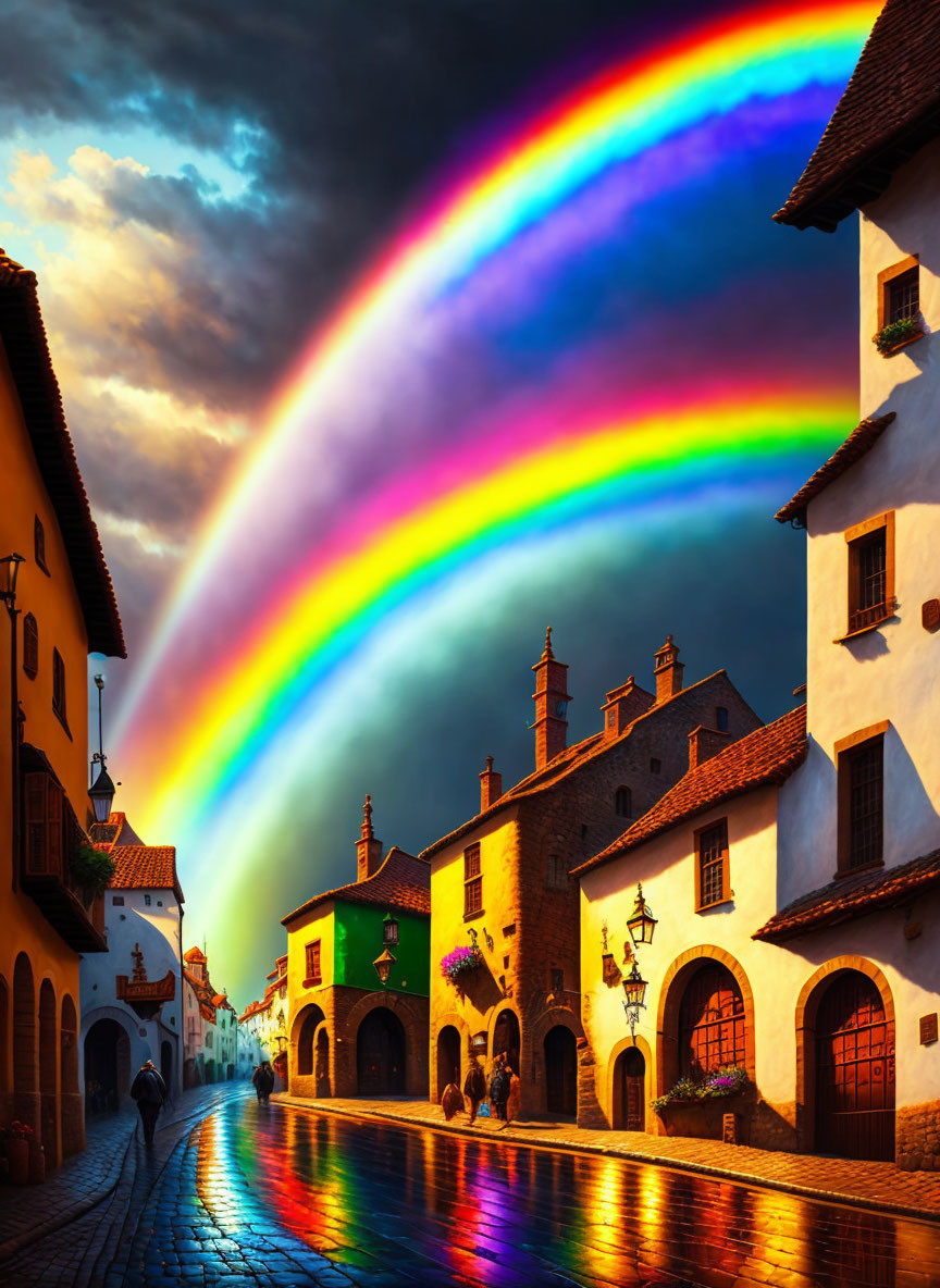 Vibrant rainbow over cobblestoned European street at sunset