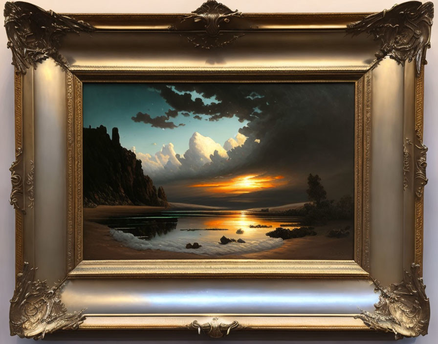 Gilded picture frame with sunset beach painting