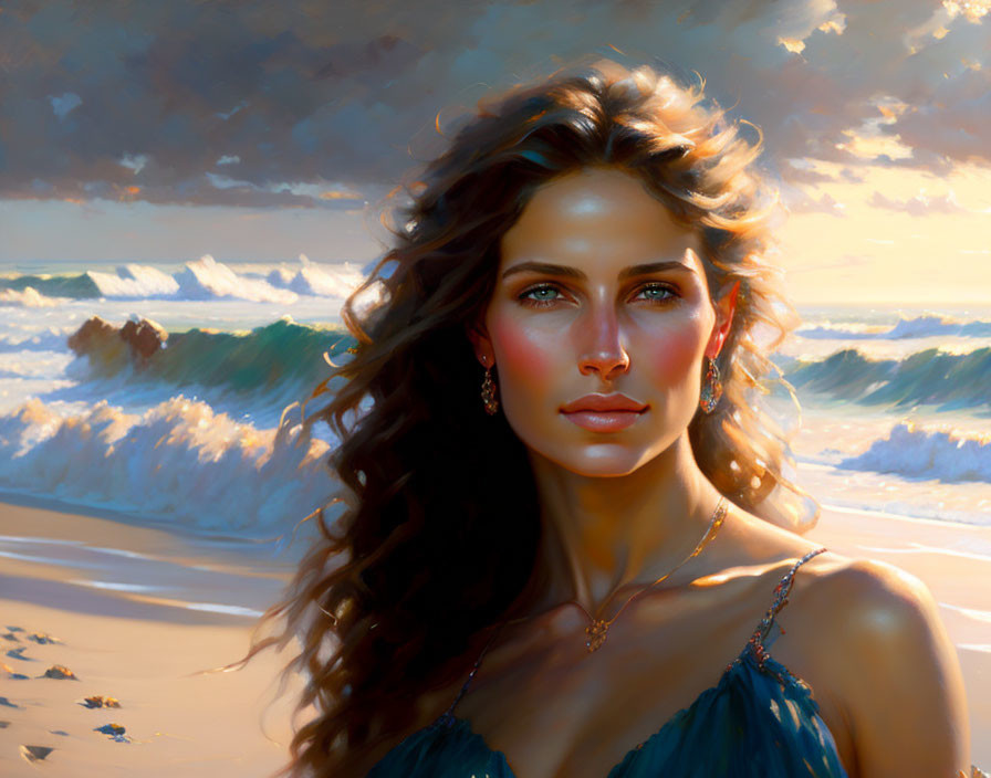 Woman with Wavy Hair and Green Eyes on Sunny Beach