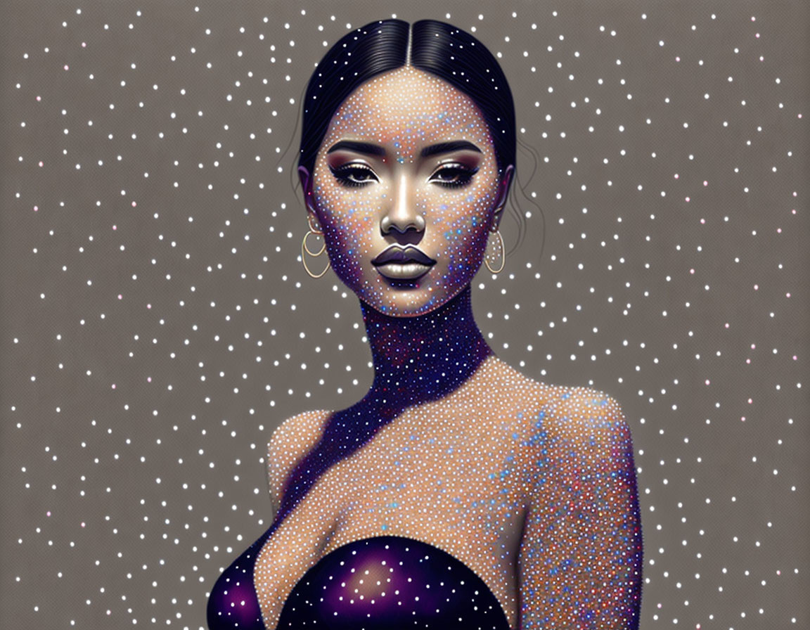 Digital illustration: Woman with cosmic skin pattern on gray background