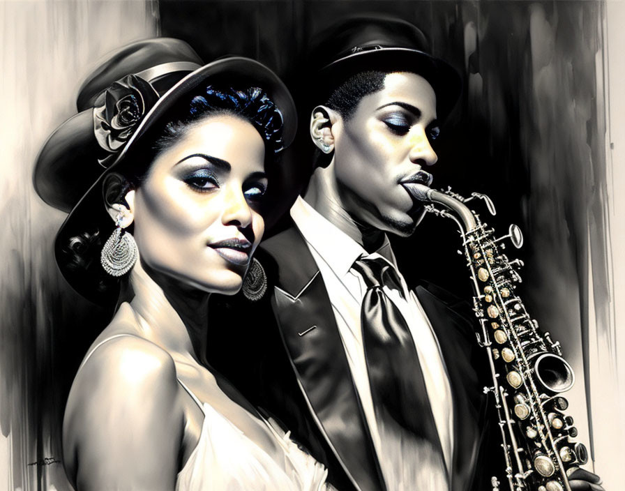 Sophisticated couple in elegant attire with saxophone illustration