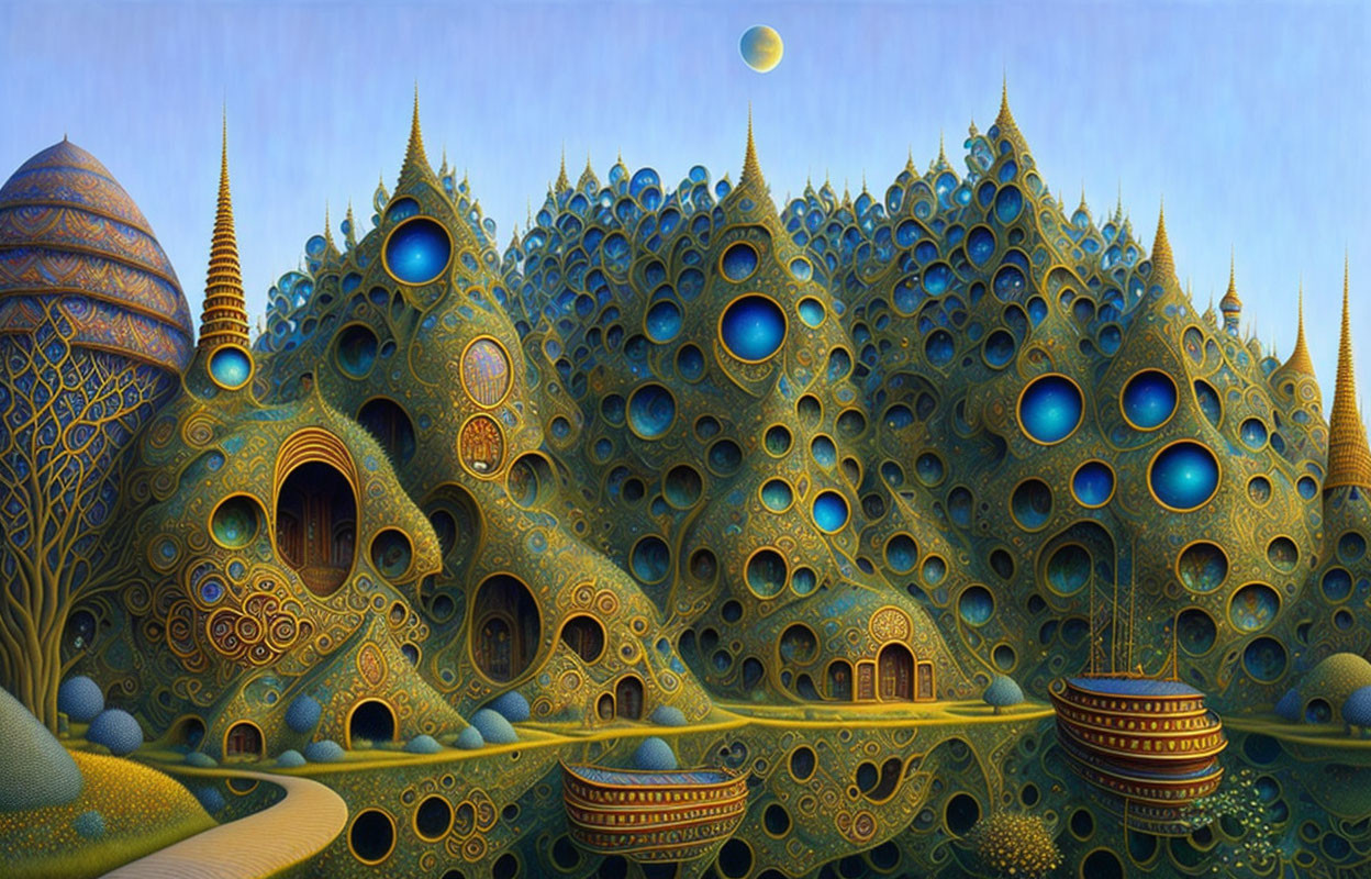 Fantastical landscape with ornate buildings and spherical elements