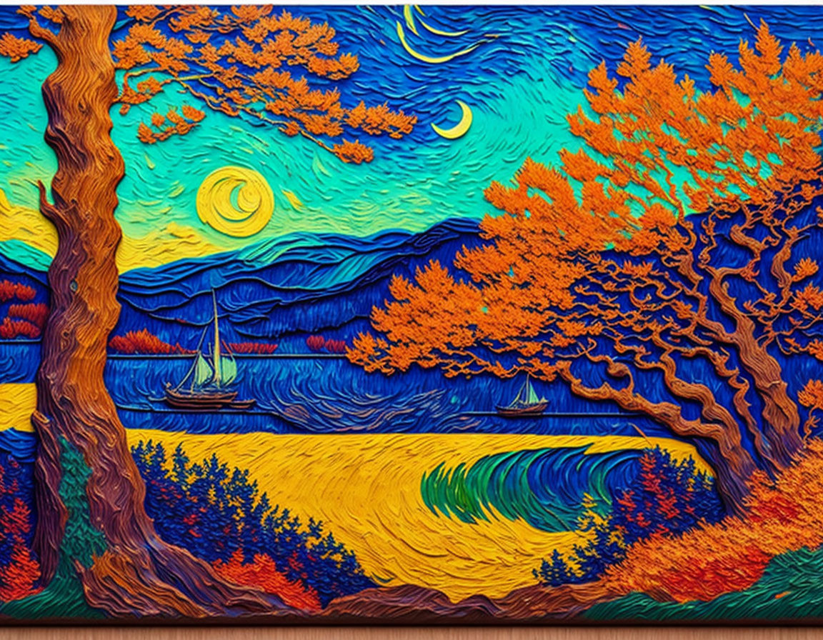 Colorful textured painting: swirling blue sky, crescent moon, golden-orange trees, sailing boat,