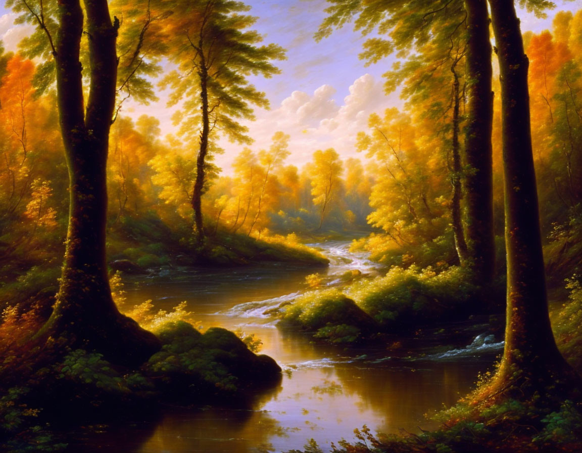 Tranquil autumn forest with meandering stream & vibrant foliage