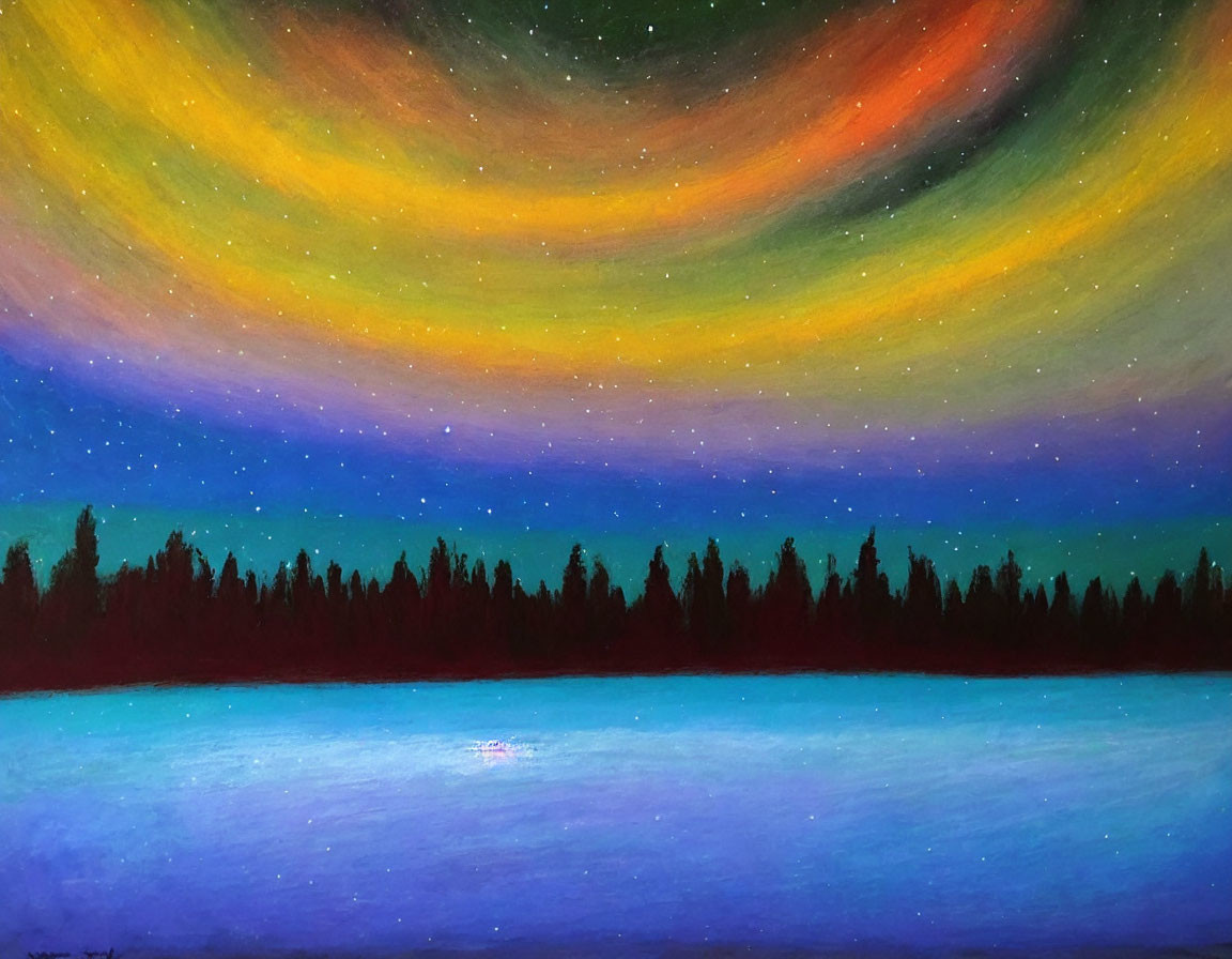 Aurora painting over dark forest silhouette with calm lake and starry sky