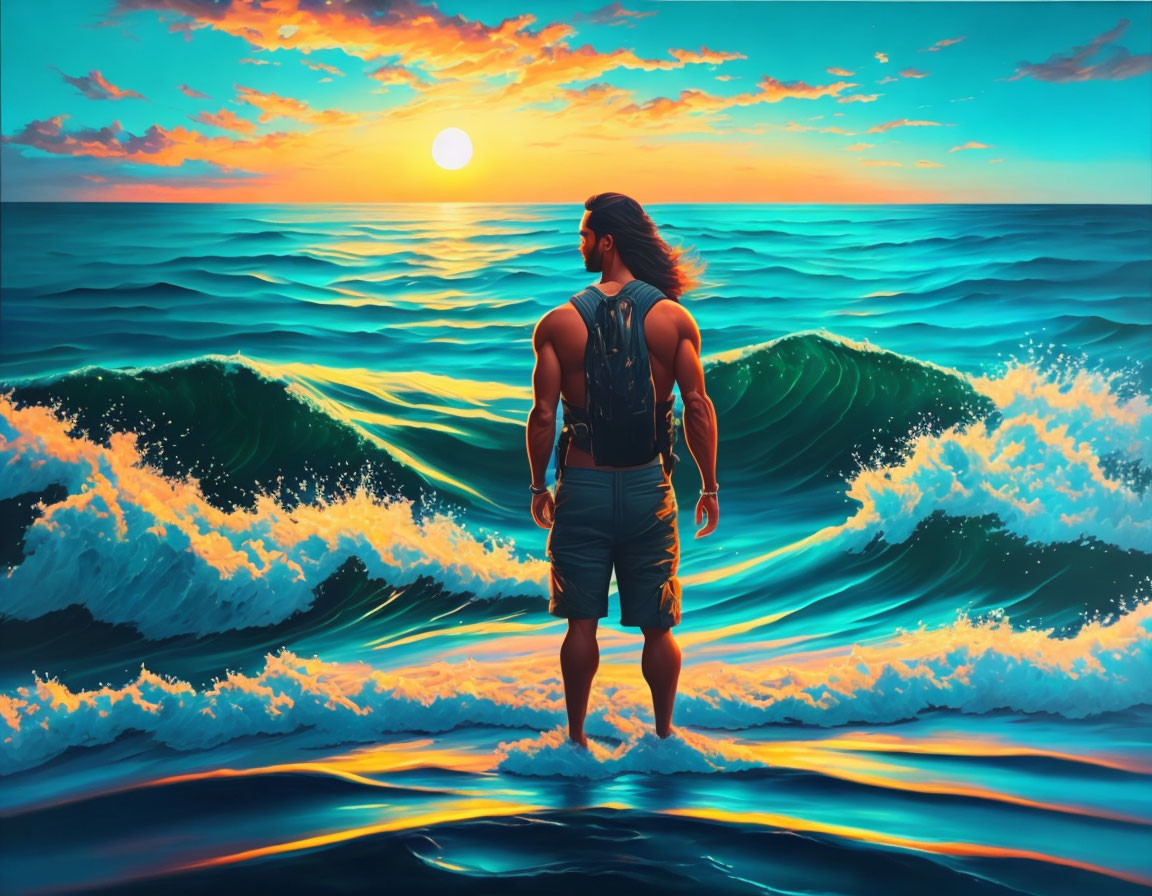 Man with long hair standing on shore under vibrant sunset with ocean waves.