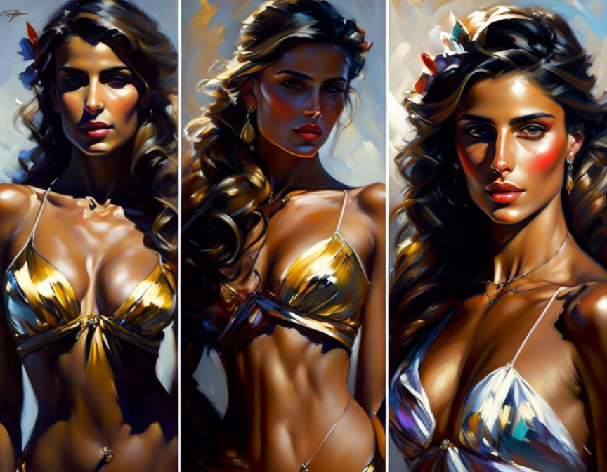 Stylized woman portraits with voluminous hair and golden attire