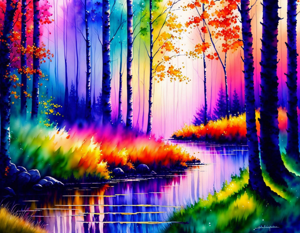 Colorful watercolor painting of whimsical forest and river