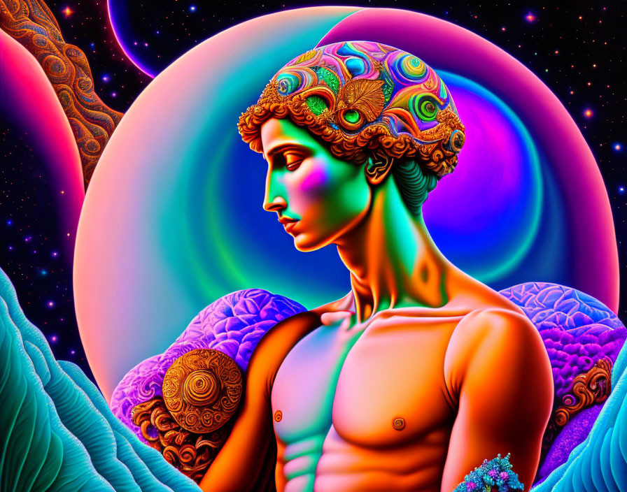 Colorful Psychedelic Digital Artwork of Profile Person with Swirling Patterns