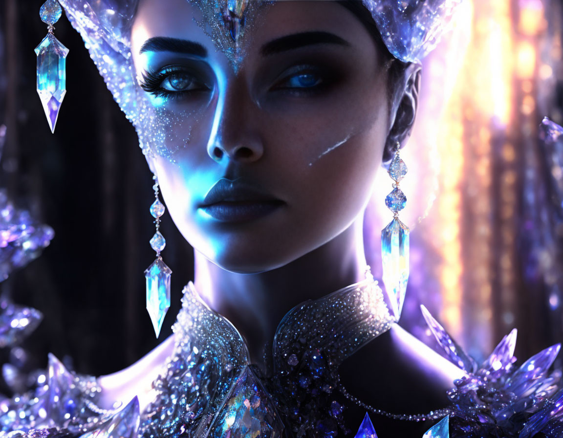 Close-up portrait of woman with crystal adornments under ethereal blue lighting