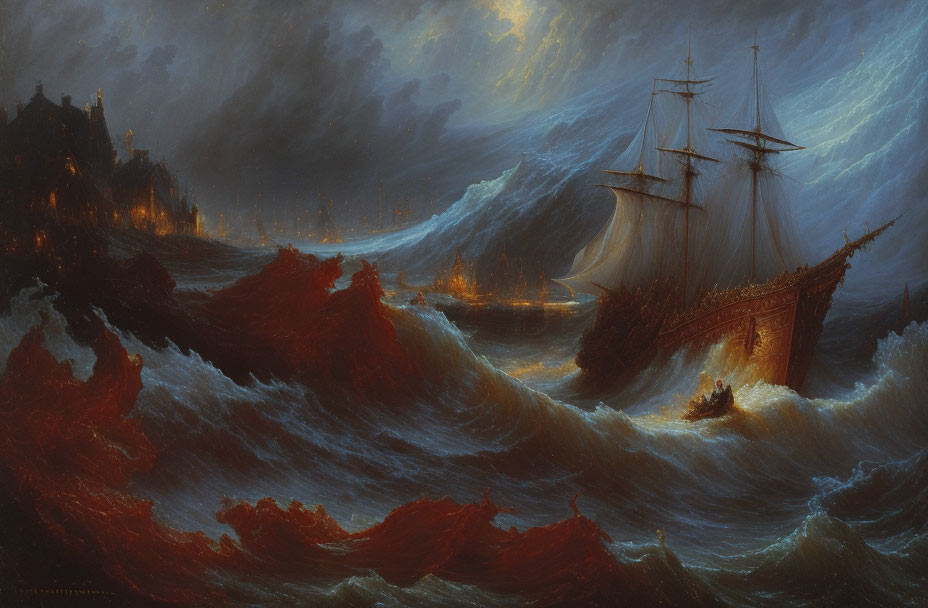 Stormy Seascape with Ships Battling Near Fortress Coast