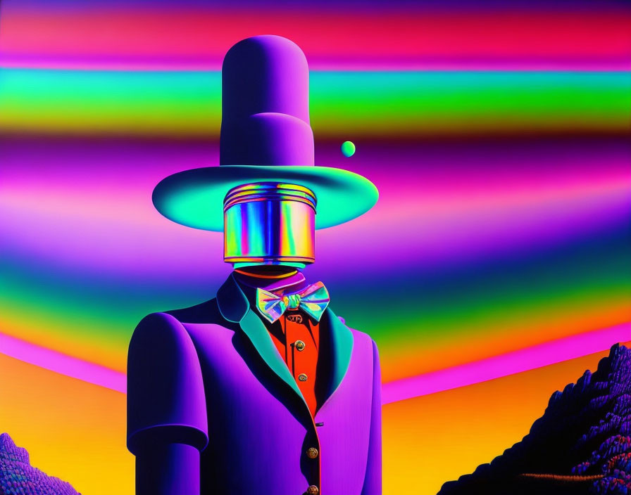 Colorful digital artwork: Figure in suit, top hat, and bowtie on psychedelic backdrop