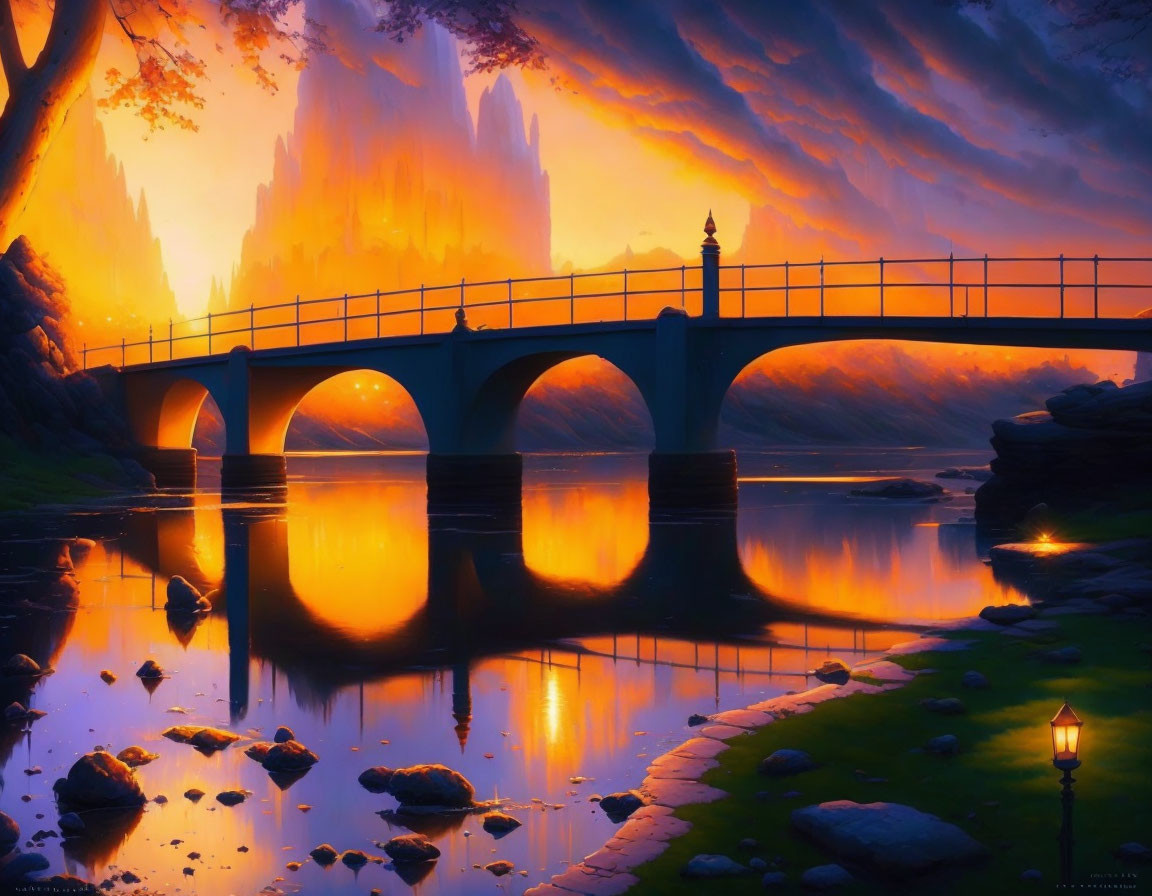 Tranquil fantasy landscape with stone bridge, calm river, and sunset glow