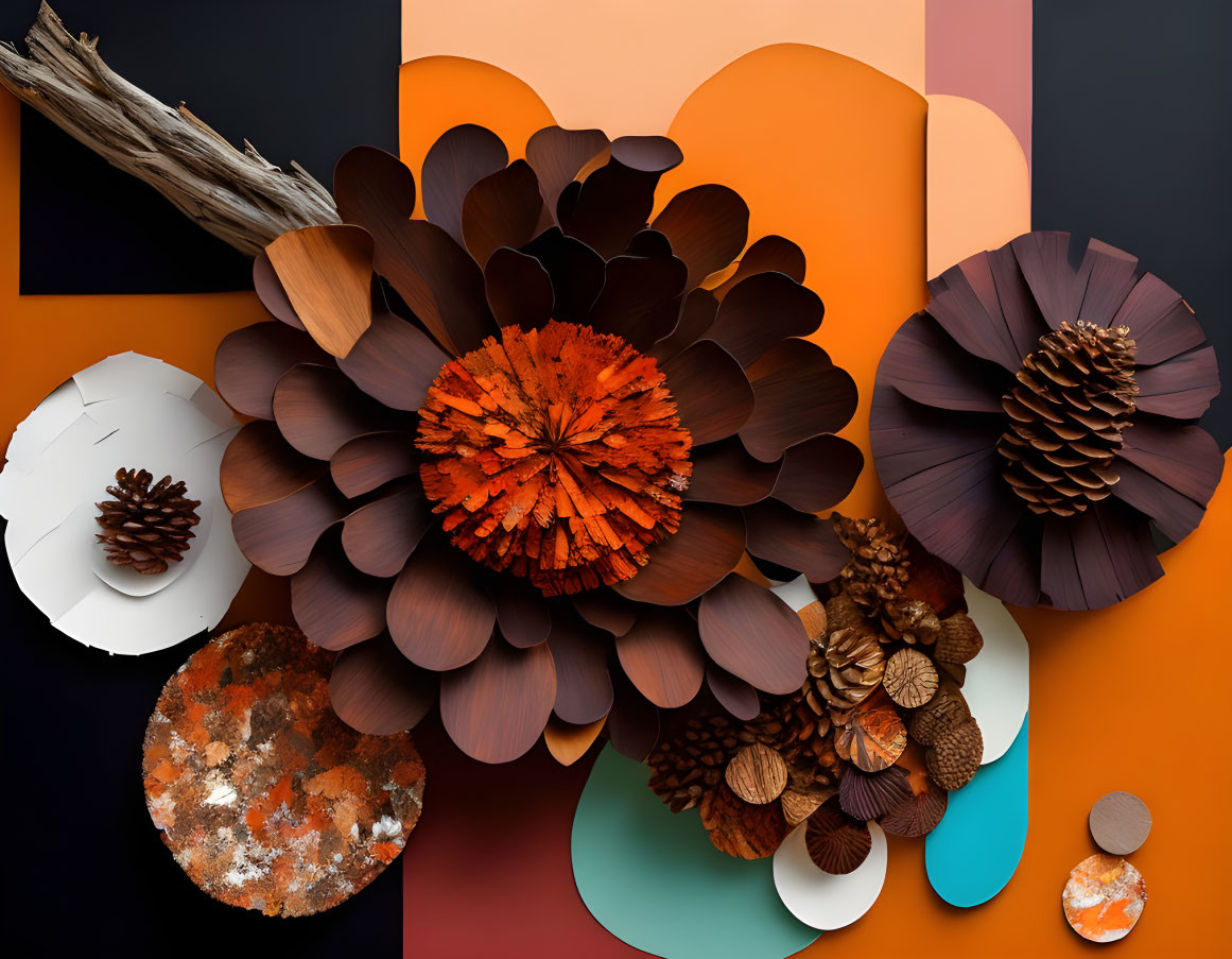 Mixed media art with pine cones, wood, and paper flowers on dual-tone backdrop