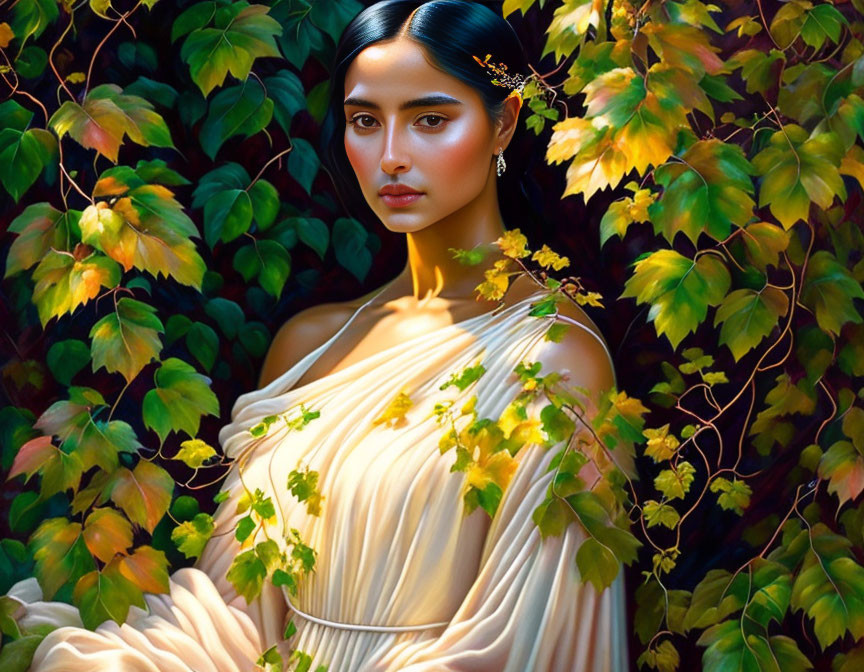 Woman in flowing dress among green and yellow leaves, intense gaze and golden headpiece.